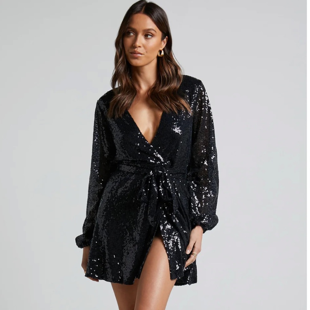 Showpo “Three of us” Black mini Sequin Wrap Dress